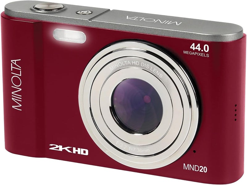 Minolta كاميرا رقمية MND20 بدقة 44 ميجابكسل – فيديو بدقة 2.7K Ultra HD، زوم رقمي 16X، تثبيت مضاد للاهتزاز، تصوير زمني، كشف الوجوه، شاشة LCD بحجم 2.9 بوصة – كاميرا خفيفة الوزن ومضغوطة (أحمر) - Image 2
